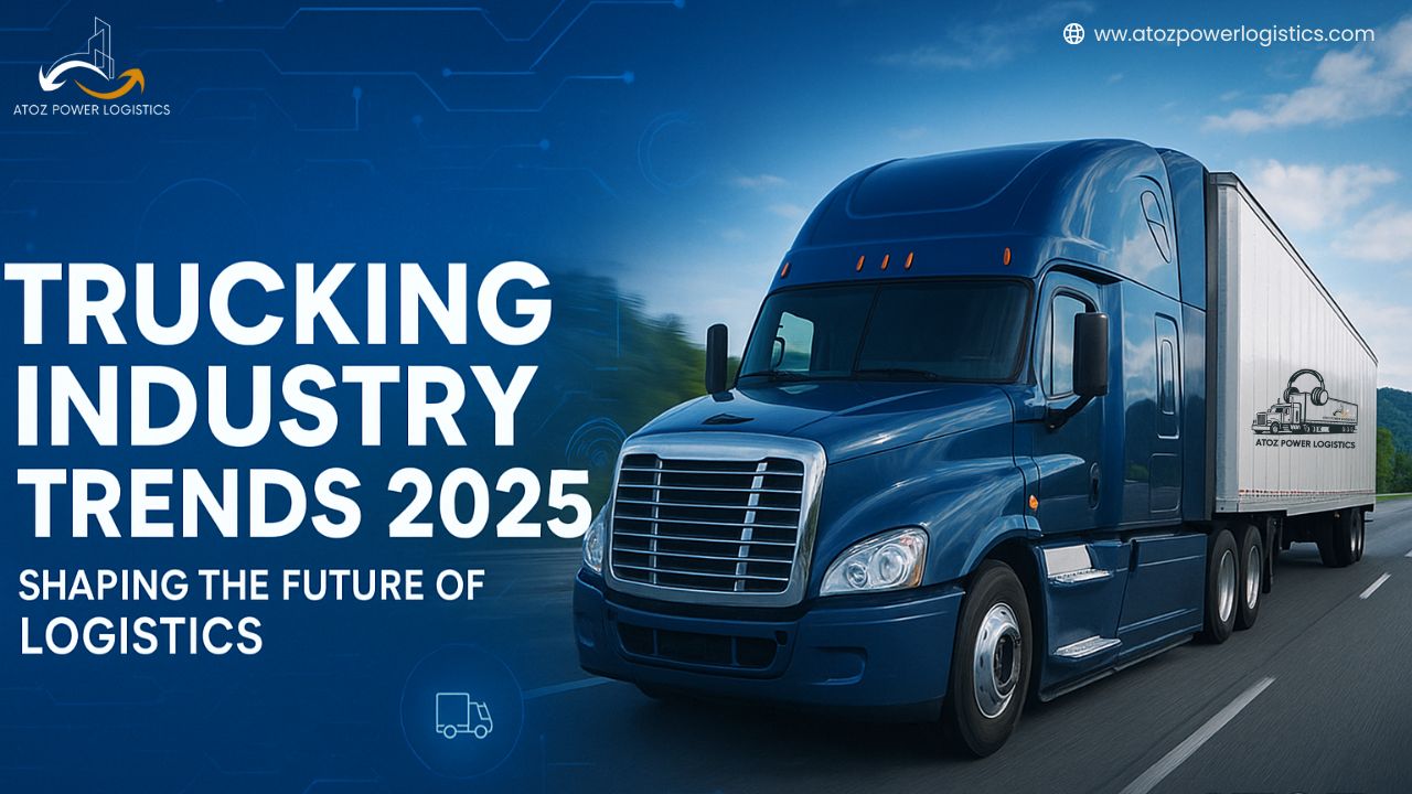 Modern freight truck on U.S. highway symbolizing 2025 trucking industry trends with technology and sustainability theme – ATOZ Power Logistics USA