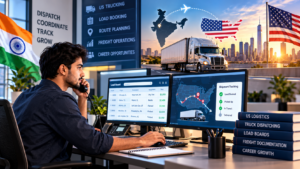 US logistics career training in India featuring a truck dispatcher managing load boards, shipment tracking, US trucking routes, and freight operations.